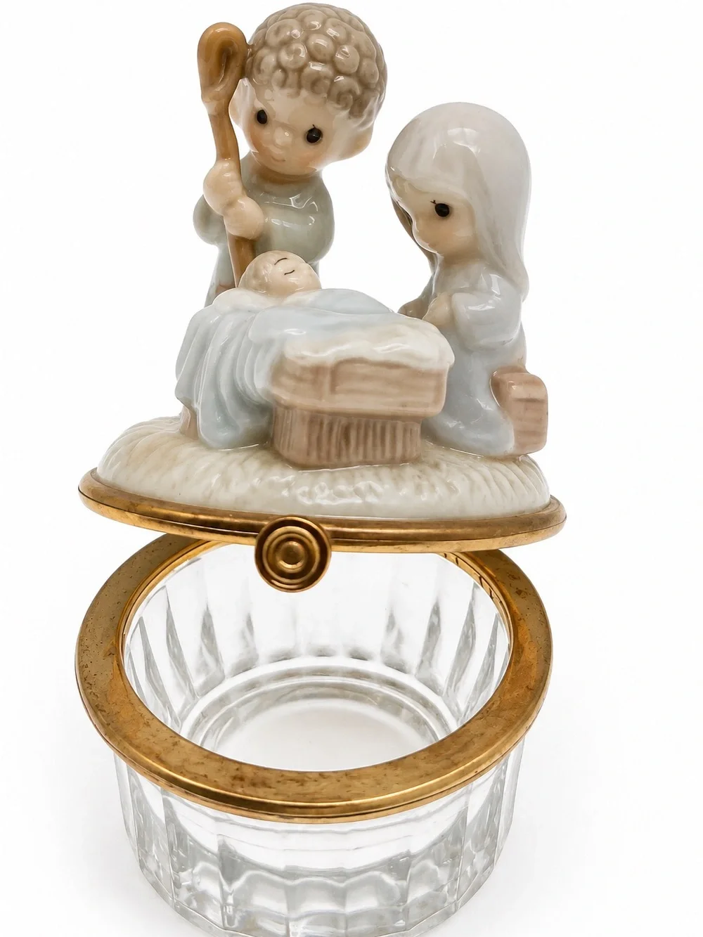 Enesco Porcelain Nativity Figure Trinket Box in White, Cream and Gold